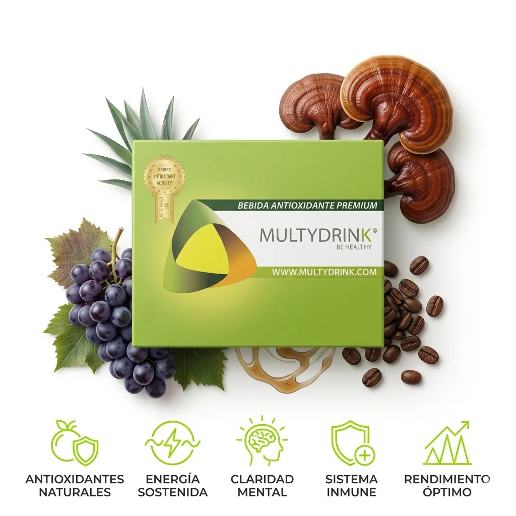 MultyDrink con ingredientes naturales — ganoderma, té negro, café colombiano, agave, resveratrol